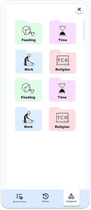 PowerSpeak category tiles on a phone screen